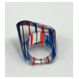 Vintage Lucite Ring - Striped Red/White/Blue, Size 8.5, Top 1.5 x .75 in