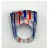 Vintage Lucite Ring - Striped Red/White/Blue, Size 8.5, Top 1.5 x .75 in