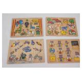 4ct Vintage Wooden Shape Peg Puzzles. Farm, Circus, Space, Bears in School