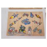 4ct Vintage Wooden Shape Peg Puzzles. Farm, Circus, Space, Bears in School