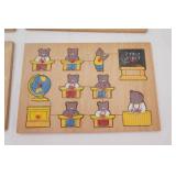4ct Vintage Wooden Shape Peg Puzzles. Farm, Circus, Space, Bears in School