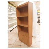 Pressed wood bookshelf with small cabinet. 24Wx9"Dx59"H