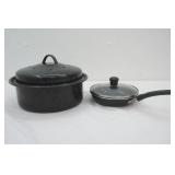 enamel pot and small frying pan with lid