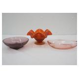 Vintage Amberina Ruffled Pedestal compote bowl; Vintage Hazel Atlas Moroccan Amethyst Glass Bowl; vintage pink depression glass