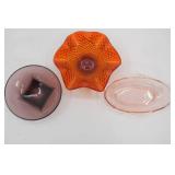 Vintage Amberina Ruffled Pedestal compote bowl; Vintage Hazel Atlas Moroccan Amethyst Glass Bowl; vintage pink depression glass