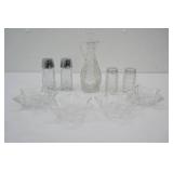 Vintage Anchor Hocking Star of David Pressed Glass Cruet Bottle, Salt and Pepper Shakers, and other vintage clear glass pieces