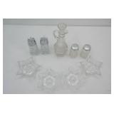 Vintage Anchor Hocking Star of David Pressed Glass Cruet Bottle, Salt and Pepper Shakers, and other vintage clear glass pieces