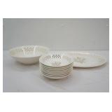 Vintage SCIO Pottery "Golden Wheat Fleur De Lis" Platter, Serving Bowl & 8 berry bowls
