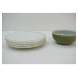 4ct Vintage Anchor Hocking Fire-King Milk Glass Plates Featuring White Swirl Pattern & Gold Rim; 1 vintage oven-ware Fire-king bowl