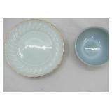 4ct Vintage Anchor Hocking Fire-King Milk Glass Plates Featuring White Swirl Pattern & Gold Rim; 1 vintage oven-ware Fire-king bowl