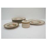 Vintage Country Living Stoneware Harvest Pattern Dinner plates; 1 larger serving plate, small plates, small crock