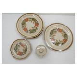 Vintage Country Living Stoneware Harvest Pattern Dinner plates; 1 larger serving plate, small plates, small crock