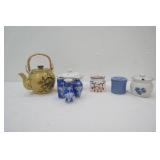 Vintage Stoneware Teapot, Small Pfaltzgraff Crock, blue & white porcelain bud vases