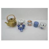 Vintage Stoneware Teapot, Small Pfaltzgraff Crock, blue & white porcelain bud vases