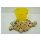 Vintage Wooden Letter Blocks and Yellow Bucket