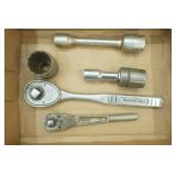 Hand Tools: 2 Ratchets, Extensions, 3 sockets