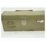 Vintage Metal Tool Box and Contents. Screwdrivers, Speed Wrench, Sharpening Stone