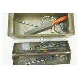 Vintage Metal Tool Box and Contents. Screwdrivers, Speed Wrench, Sharpening Stone