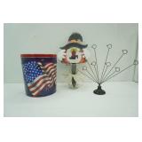 Patriotic Tin Bucket w/Lid; Wooden Halloween Outdoor Decor; Metal Picture Holder; Clear Glass Vase