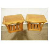 Pair of Oak Side Tables 27"x21"x20". Gold-Tone inlay details
