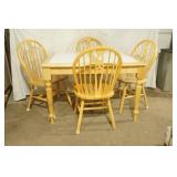 Light Oak Dining Set. Table is 36"x45" with white tile inlay, flip-up leaf (15"), and 4 chairs