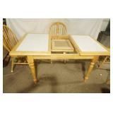 Light Oak Dining Set. Table is 36"x45" with white tile inlay, flip-up leaf (15"), and 4 chairs