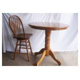 Wooden High-Top Pedestal Table and 1 Chair. 36" diameter by 37" tall