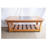 Oak Coffee Table 27"45x16". Gold-Tone & Glass inlay details. (on wheels)