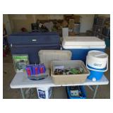 Cooler & bin. As shown. Entry bench setee. As shown. CASH ON SITE ONLY. PICKUP IS TUESDAY MAY 26TH FROM 11 AM TO 4 PM ONLY. THERE IS NO OTHER OPPORTUNITY TO PICK UP YOUR ITEM THAN THIS TIME & REGARDLE
