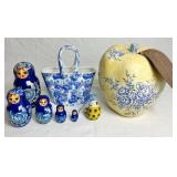 Yellow & Blue Floral Porcelain Décor plus Russian Nesting Dolls