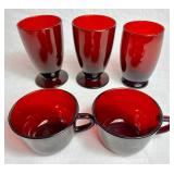 Anchor Hocking Royal Ruby Footed Tumblers and Tea Cups - 5pcs