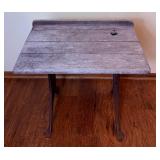 Antique School Desk with Ornate Cast Iron Supports and Foldable Wooden Seat