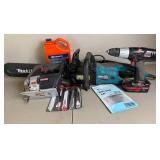 Makita 16" Chain Saw Model UC4030A , Husqvarna Bar and Chain Oil, Replacement 16" Chainsaw Chain with 19.2V Cordless Drill/Driver and 19.2V Jig Saw with blades