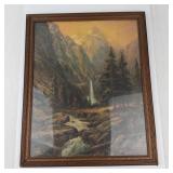 Vintage Mountain Landscape Print in Rustic Wood Frame