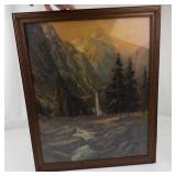 Vintage Mountain Landscape Print in Rustic Wood Frame