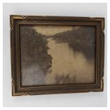 Vintage Framed River Landscape Print 12 X 10 in