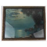 George Hacker Vintage Lithograph Print Moonlit Lighthouse Scene Framed