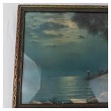 George Hacker Vintage Lithograph Print Moonlit Lighthouse Scene Framed