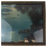 George Hacker Vintage Lithograph Print Moonlit Lighthouse Scene Framed