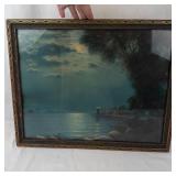 George Hacker Vintage Lithograph Print Moonlit Lighthouse Scene Framed