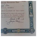 1913 Society for the Propagation of the Faith Certificate for Joseph Kren