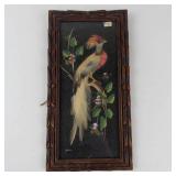 Vintage Mexican Feather Art Bird in Hand-Carved Cedar Frame