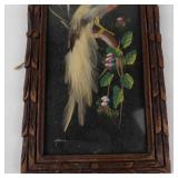 Vintage Mexican Feather Art Bird in Hand-Carved Cedar Frame