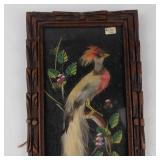 Vintage Mexican Feather Art Bird in Hand-Carved Cedar Frame