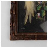 Vintage Mexican Feather Art Bird in Hand-Carved Cedar Frame