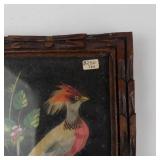 Vintage Mexican Feather Art Bird in Hand-Carved Cedar Frame