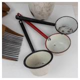 Mixed Lot Rustic Wooden Berry Picker Tool & Enamel Berry Scoops
