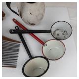 Mixed Lot Rustic Wooden Berry Picker Tool & Enamel Berry Scoops