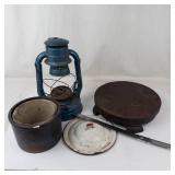 Vintage Blue Lantern With Broken Wooden Lazy Susan & Metal Container