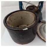 Vintage Blue Lantern With Broken Wooden Lazy Susan & Metal Container